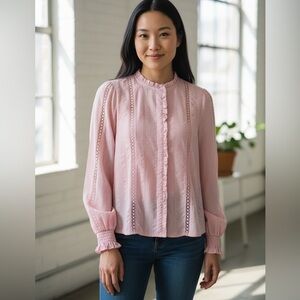 Avara Pink Long Sleeve Ruffled Button Up Blouse Top Size Small